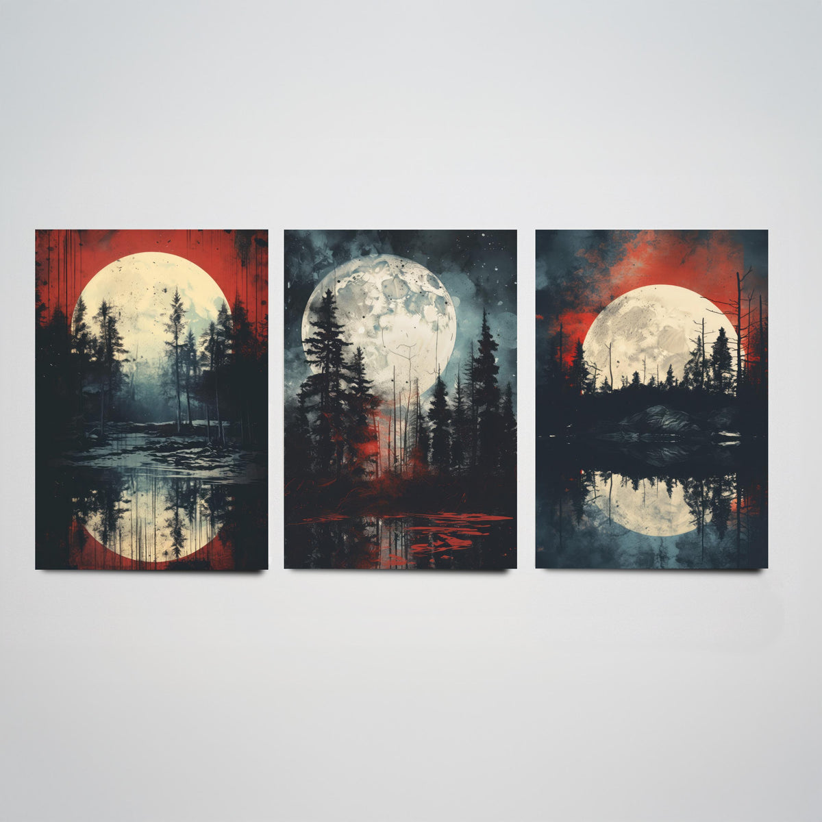 Red Moon over Water Set of Three Art Prints - Full Moons, Pine Forests and Crimson Skies - Moody Night Poster Illustration