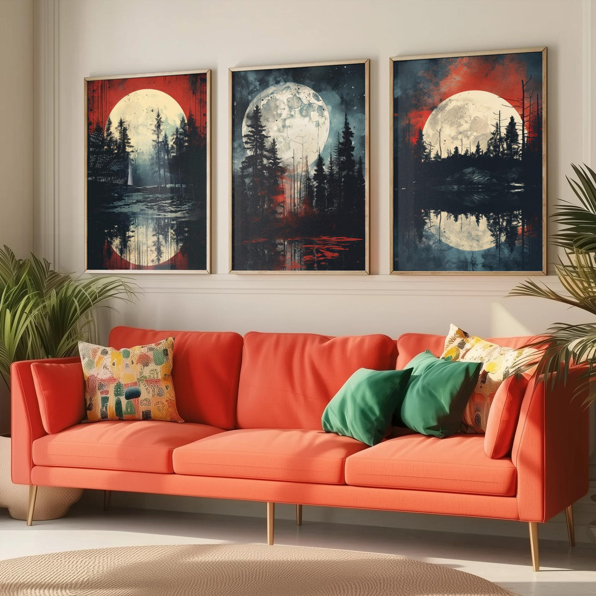 Red Moon over Water Set of Three Art Prints - Full Moons, Pine Forests and Crimson Skies - Moody Night Poster Illustration