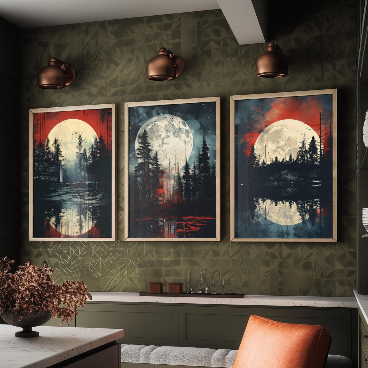 Red Moon over Water Set of Three Art Prints - Full Moons, Pine Forests and Crimson Skies - Moody Night Poster Illustration