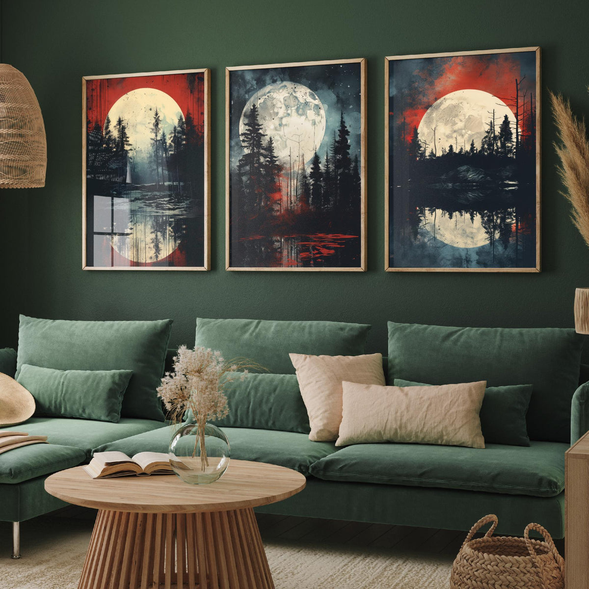 Red Moon over Water Set of Three Art Prints - Full Moons, Pine Forests and Crimson Skies - Moody Night Poster Illustration