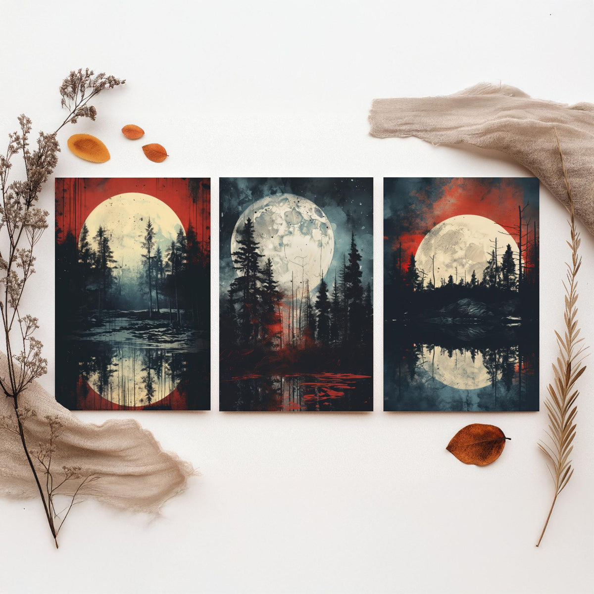 Red Moon over Water Set of Three Art Prints - Full Moons, Pine Forests and Crimson Skies - Moody Night Poster Illustration