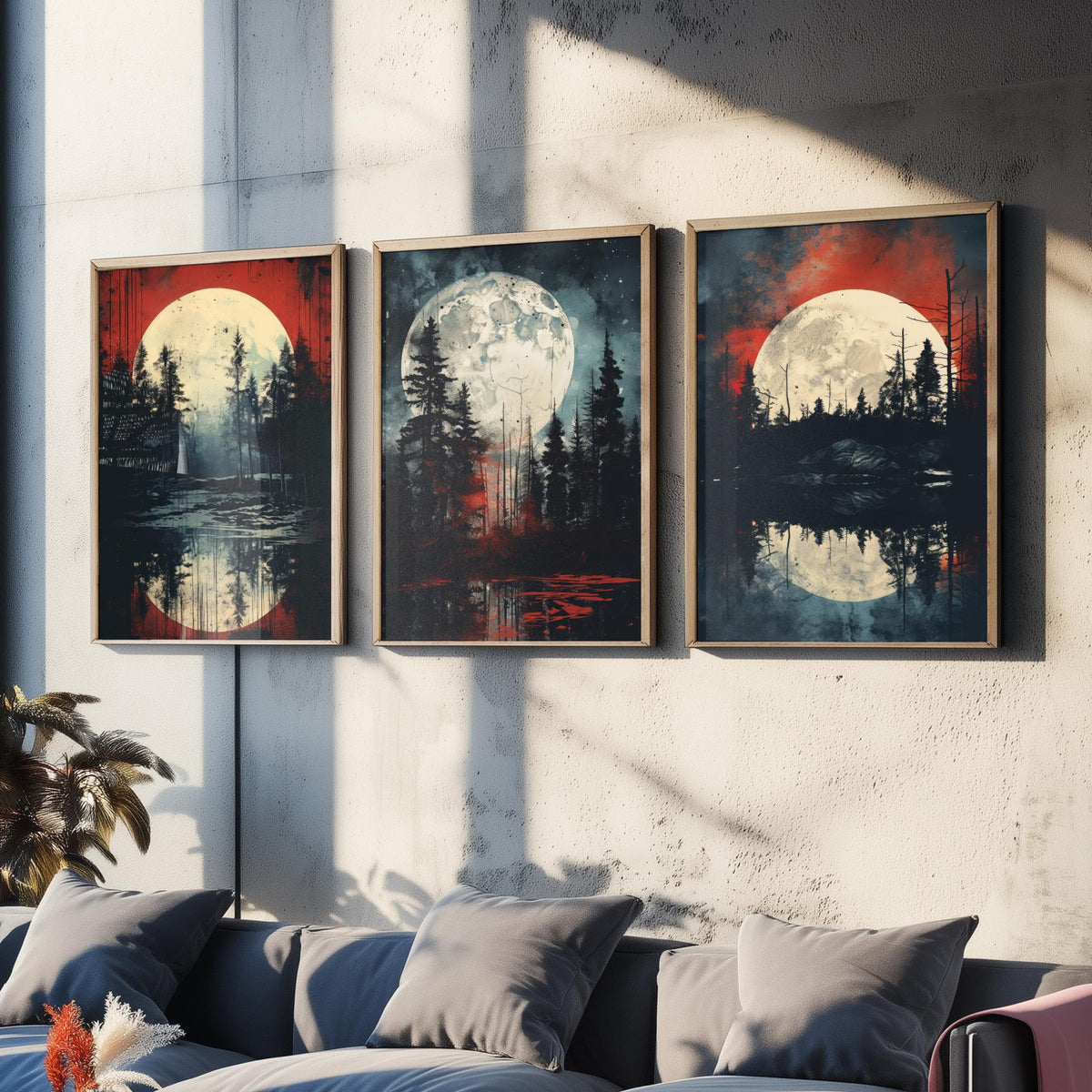 Red Moon over Water Set of Three Art Prints - Full Moons, Pine Forests and Crimson Skies - Moody Night Poster Illustration