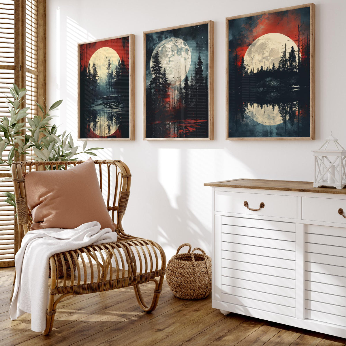 Red Moon over Water Set of Three Art Prints - Full Moons, Pine Forests and Crimson Skies - Moody Night Poster Illustration