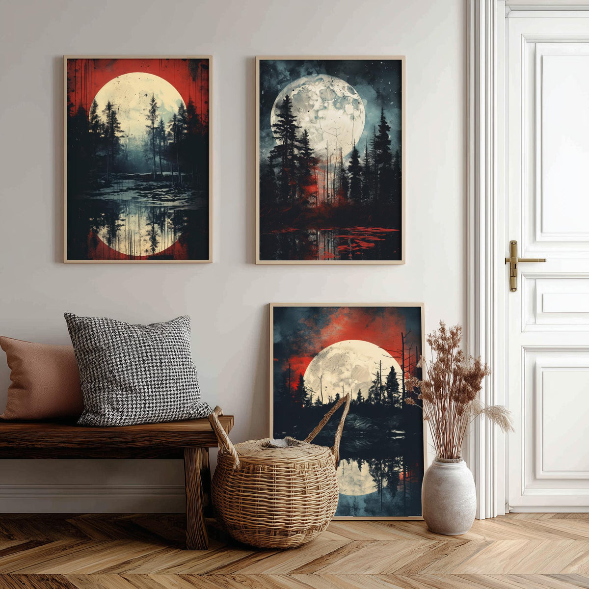 Red Moon over Water Set of Three Art Prints - Full Moons, Pine Forests and Crimson Skies - Moody Night Poster Illustration
