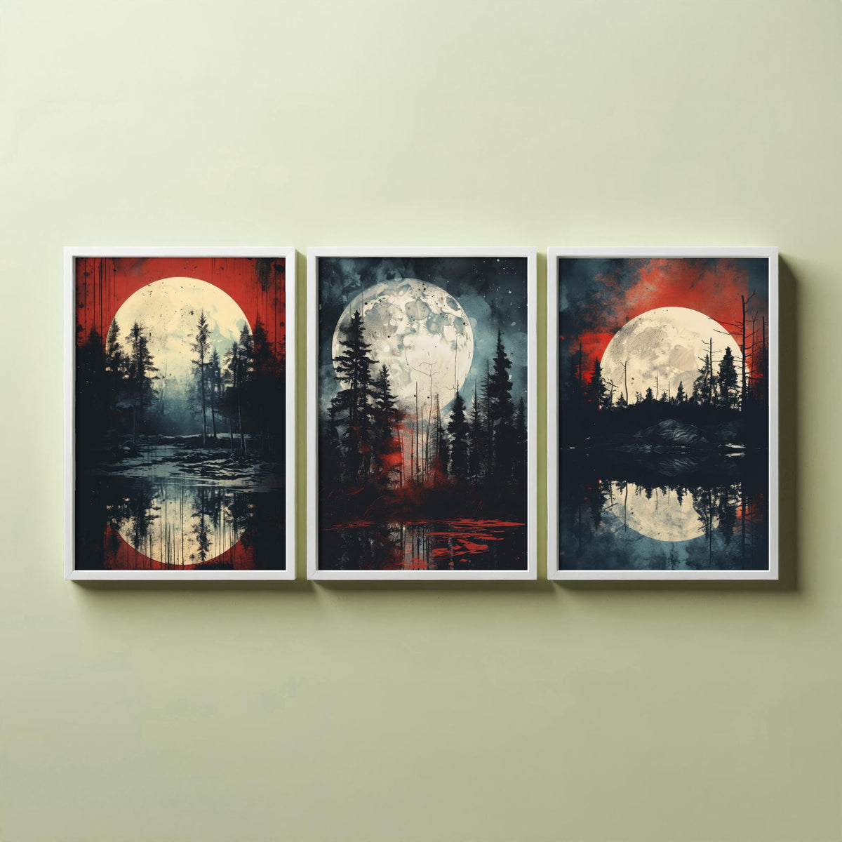 Red Moon over Water Set of Three Art Prints - Full Moons, Pine Forests and Crimson Skies - Moody Night Poster Illustration