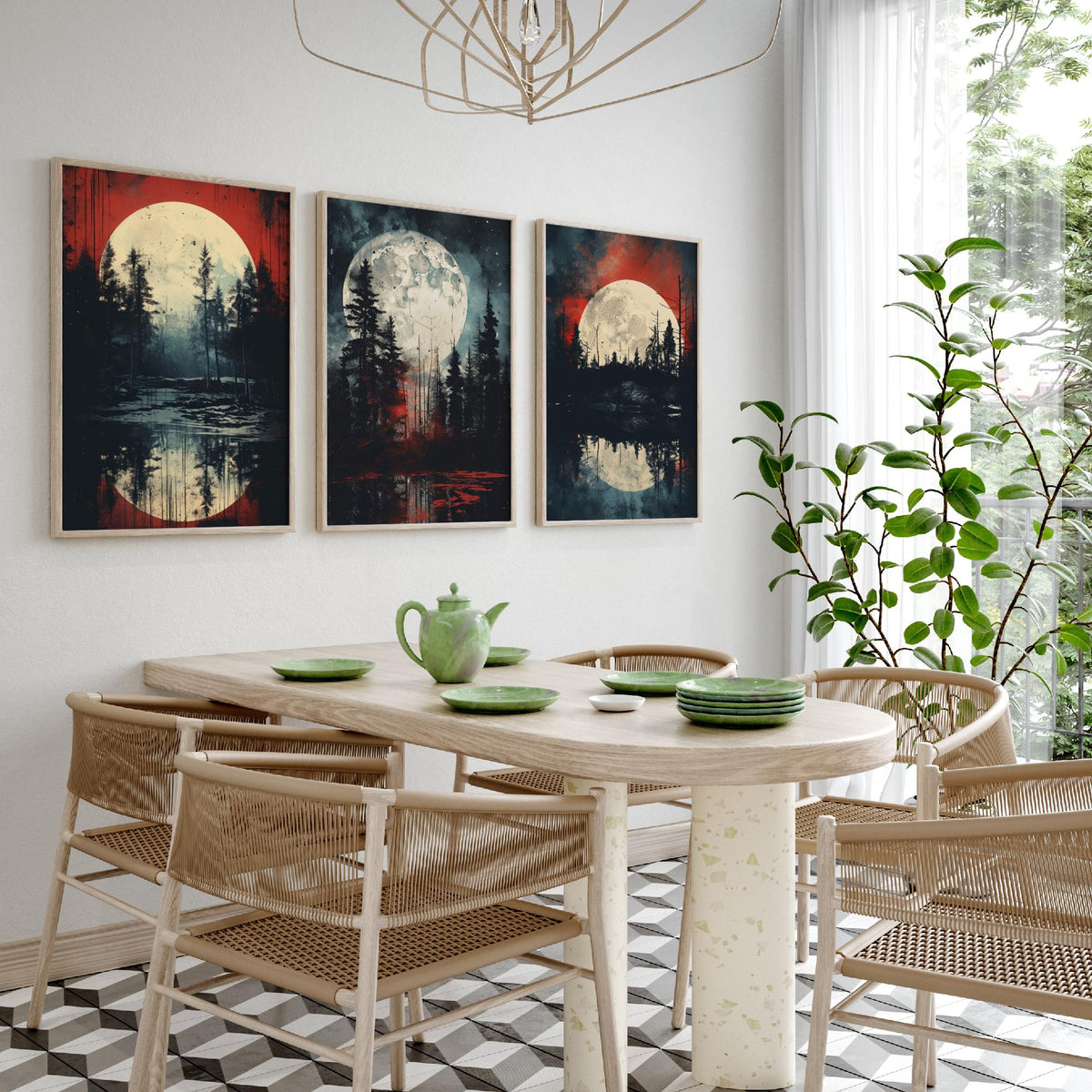 Red Moon over Water Set of Three Art Prints - Full Moons, Pine Forests and Crimson Skies - Moody Night Poster Illustration