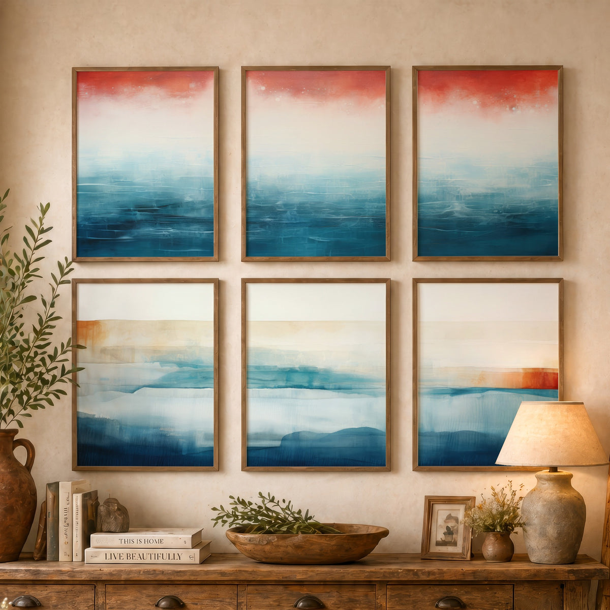 Set of Six Abstract Seascape Art Prints - 6 Minimalist Ocean Horizon Posters - Teal, Rust Red, Sand Watercolour Painting
