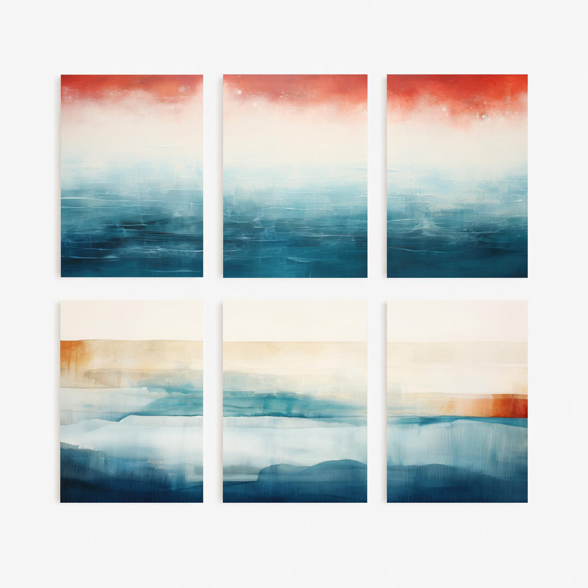 Set of Six Abstract Seascape Art Prints - 6 Minimalist Ocean Horizon Posters - Teal, Rust Red, Sand Watercolour Painting