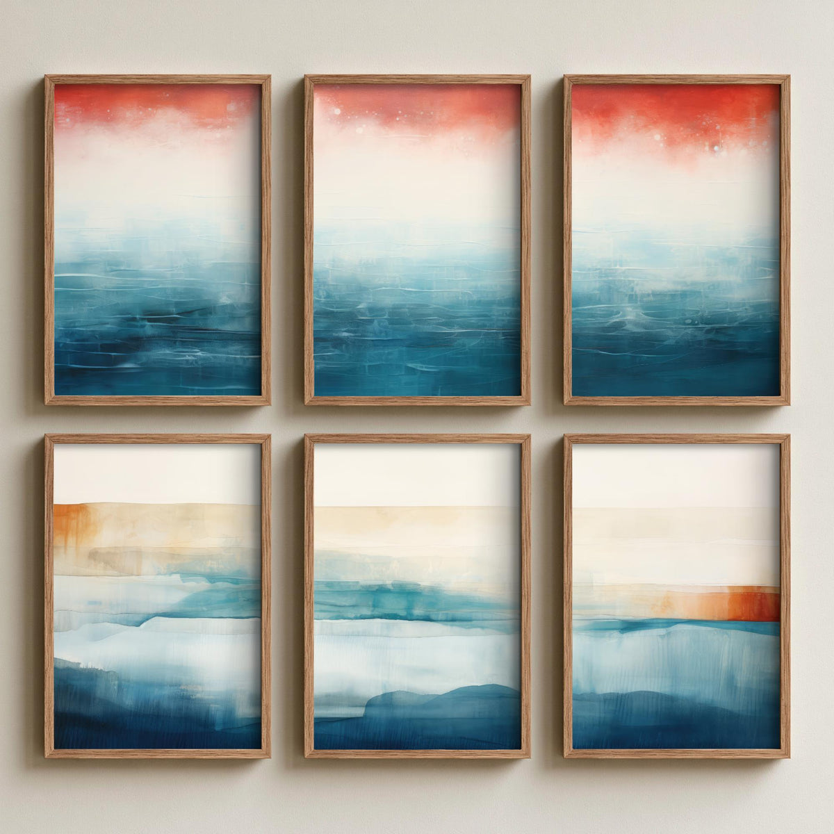 Set of Six Abstract Seascape Art Prints - 6 Minimalist Ocean Horizon Posters - Teal, Rust Red, Sand Watercolour Painting