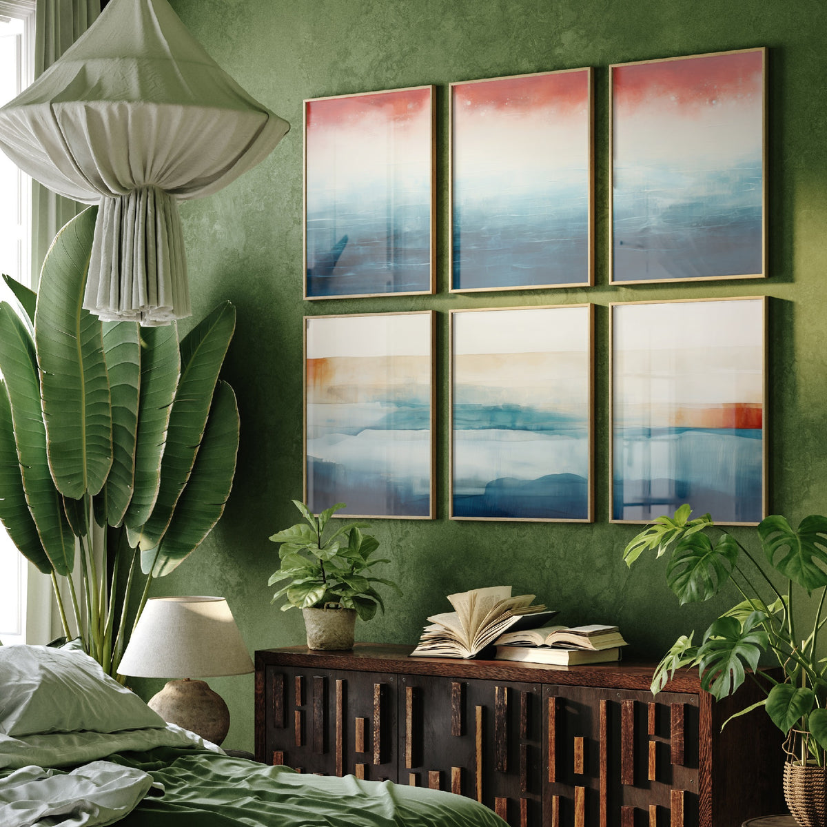 Set of Six Abstract Seascape Art Prints - 6 Minimalist Ocean Horizon Posters - Teal, Rust Red, Sand Watercolour Painting