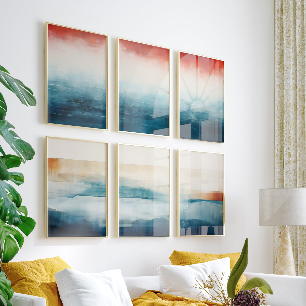 Set of Six Abstract Seascape Art Prints - 6 Minimalist Ocean Horizon Posters - Teal, Rust Red, Sand Watercolour Painting