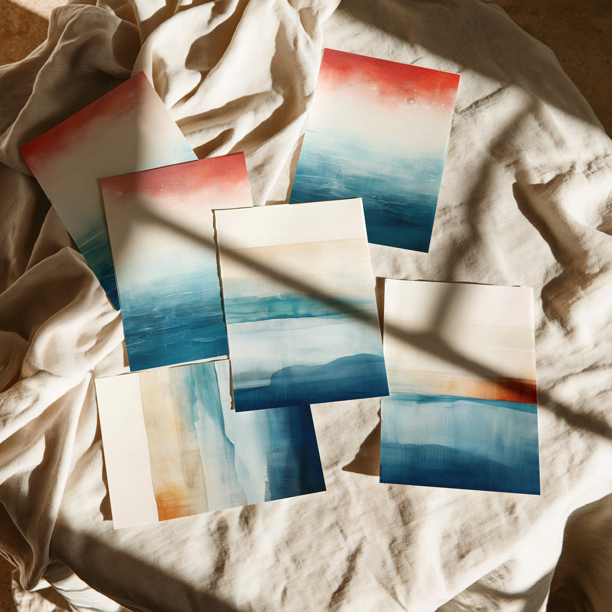Set of Six Abstract Seascape Art Prints - 6 Minimalist Ocean Horizon Posters - Teal, Rust Red, Sand Watercolour Painting