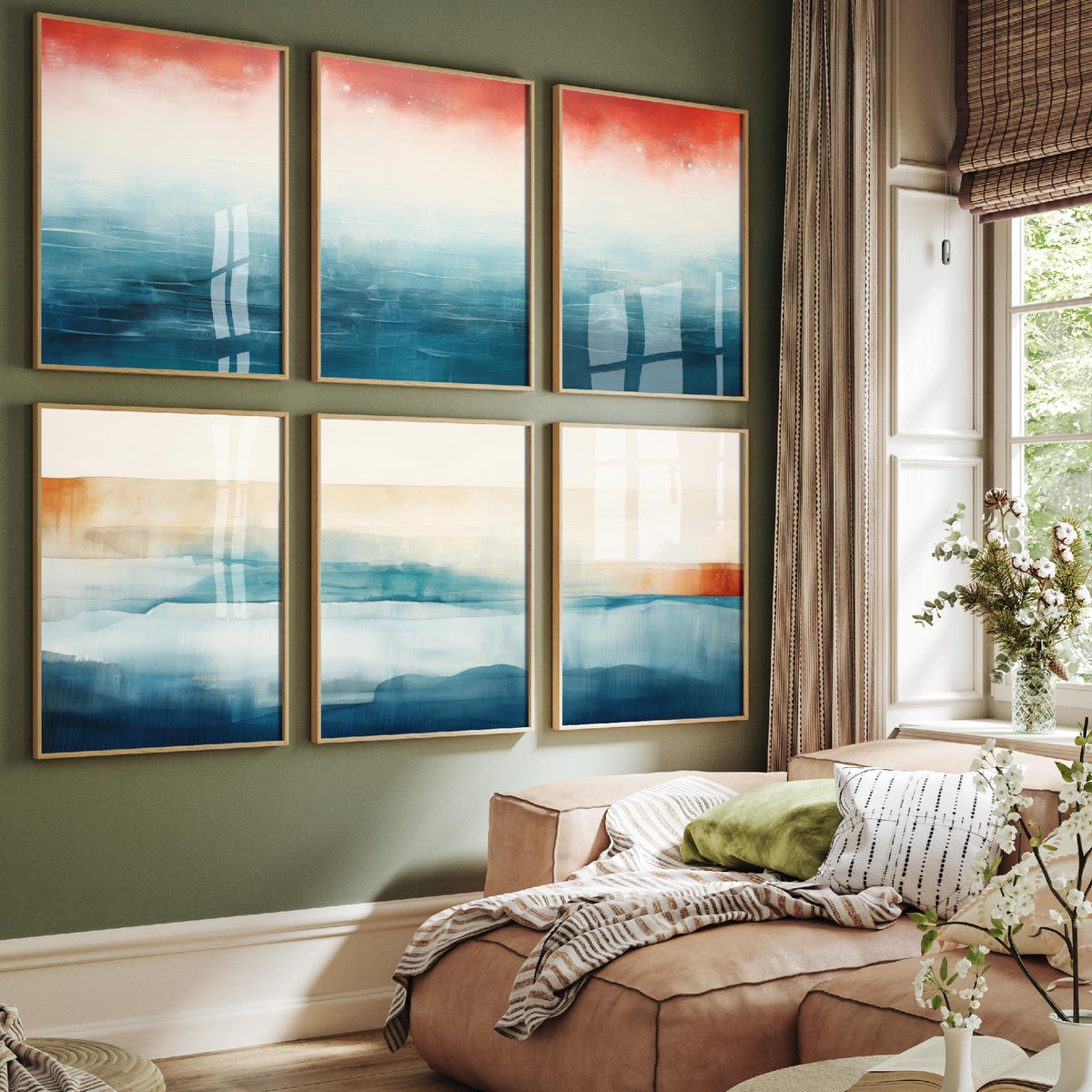 Set of Six Abstract Seascape Art Prints - 6 Minimalist Ocean Horizon Posters - Teal, Rust Red, Sand Watercolour Painting