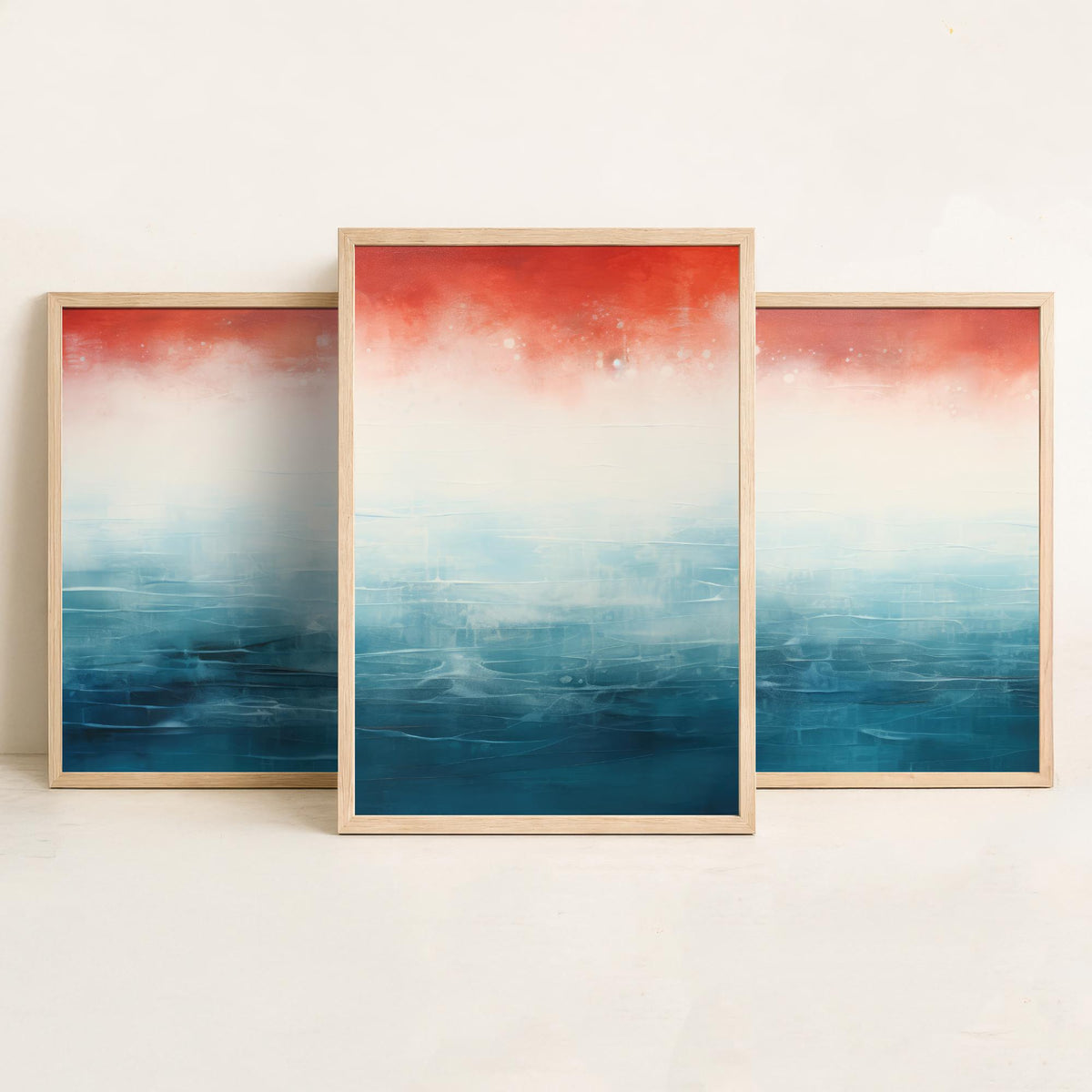 Red Rust Ocean Set of Three Art Prints - Abstract Teal Sea and Coral Sky - Panoramic Minimalist Painting Poster
