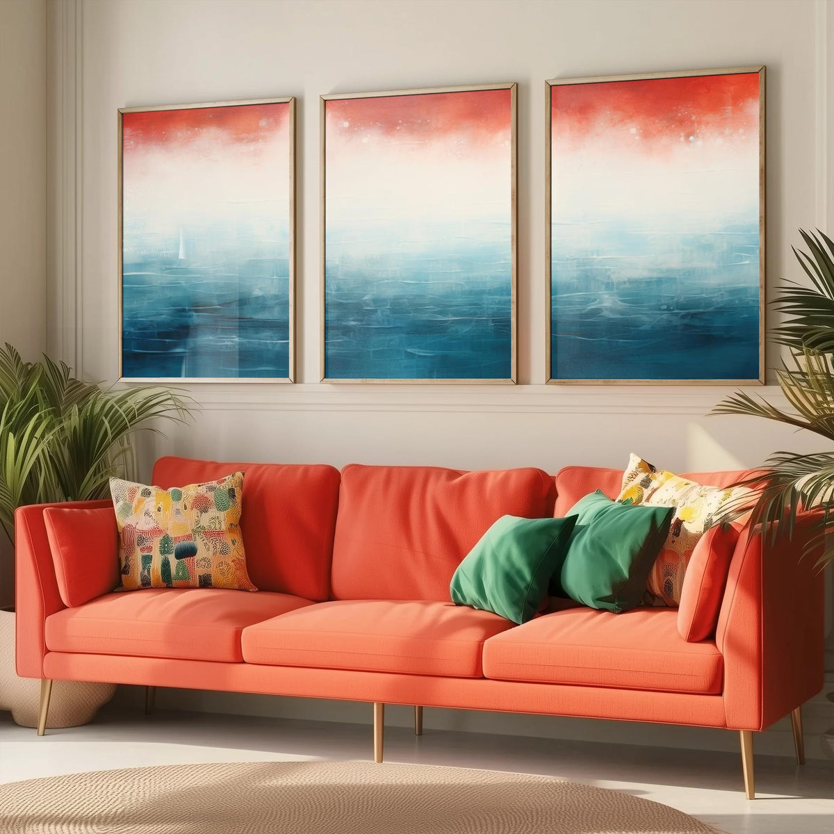 Red Rust Ocean Set of Three Art Prints - Abstract Teal Sea and Coral Sky - Panoramic Minimalist Painting Poster