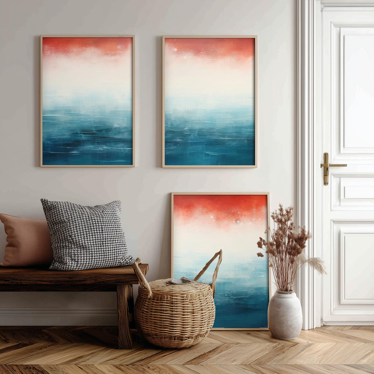 Red Rust Ocean Set of Three Art Prints - Abstract Teal Sea and Coral Sky - Panoramic Minimalist Painting Poster