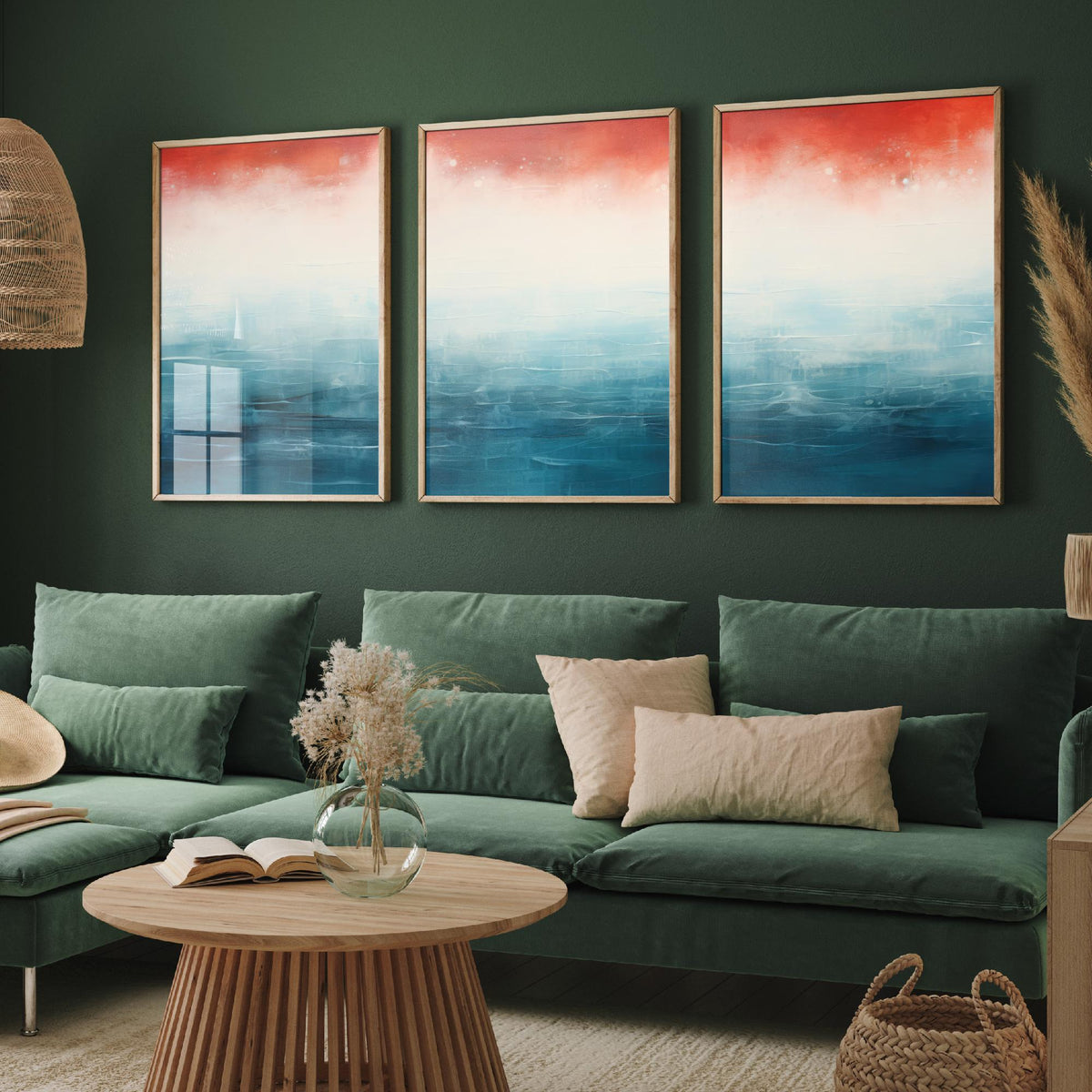 Red Rust Ocean Set of Three Art Prints - Abstract Teal Sea and Coral Sky - Panoramic Minimalist Painting Poster
