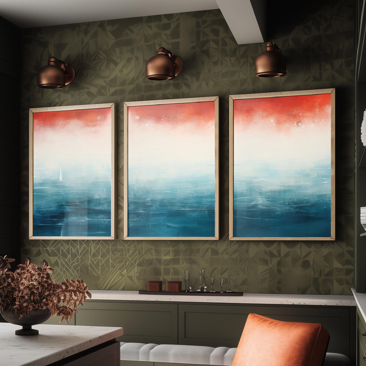 Red Rust Ocean Set of Three Art Prints - Abstract Teal Sea and Coral Sky - Panoramic Minimalist Painting Poster