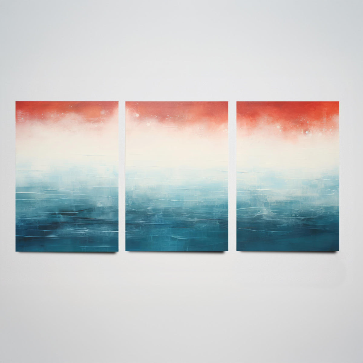 Red Rust Ocean Set of Three Art Prints - Abstract Teal Sea and Coral Sky - Panoramic Minimalist Painting Poster