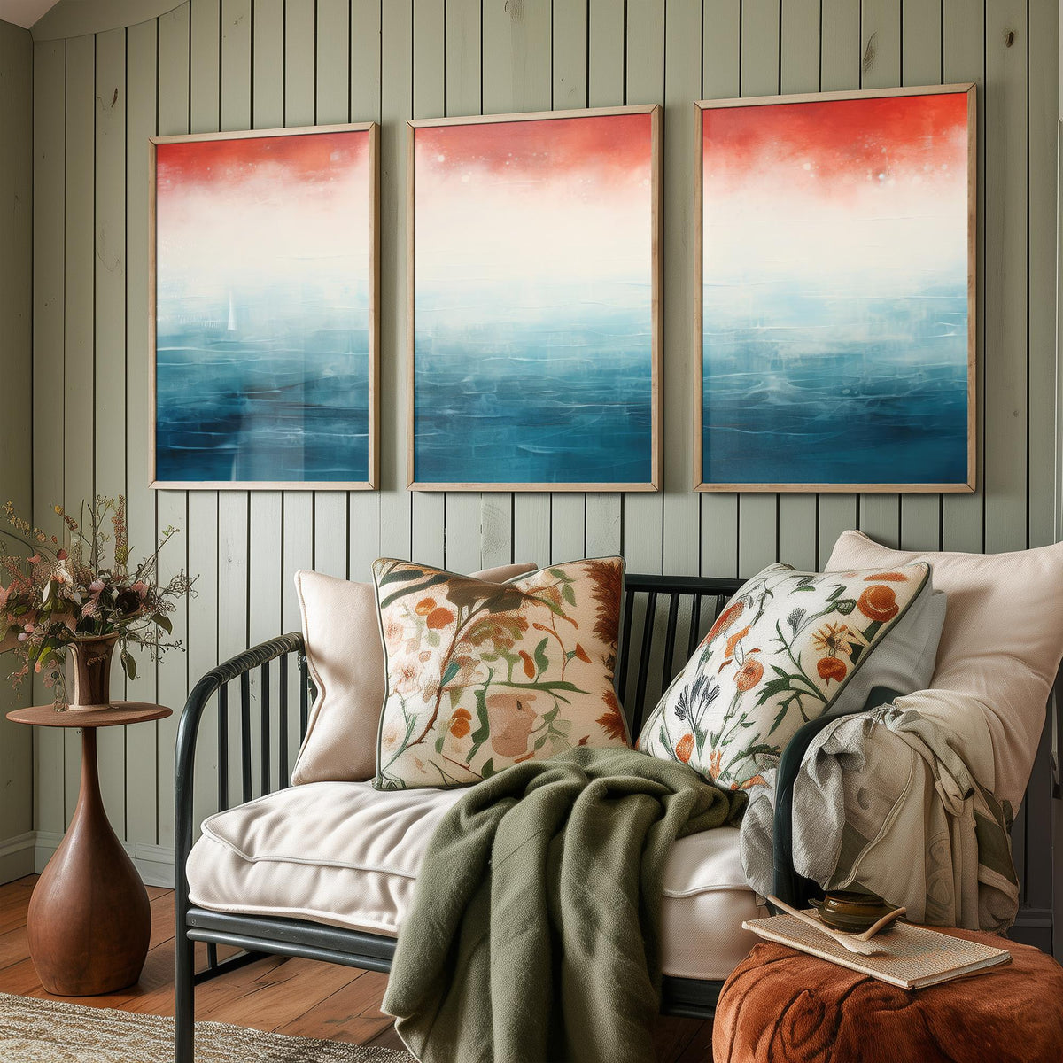 Red Rust Ocean Set of Three Art Prints - Abstract Teal Sea and Coral Sky - Panoramic Minimalist Painting Poster