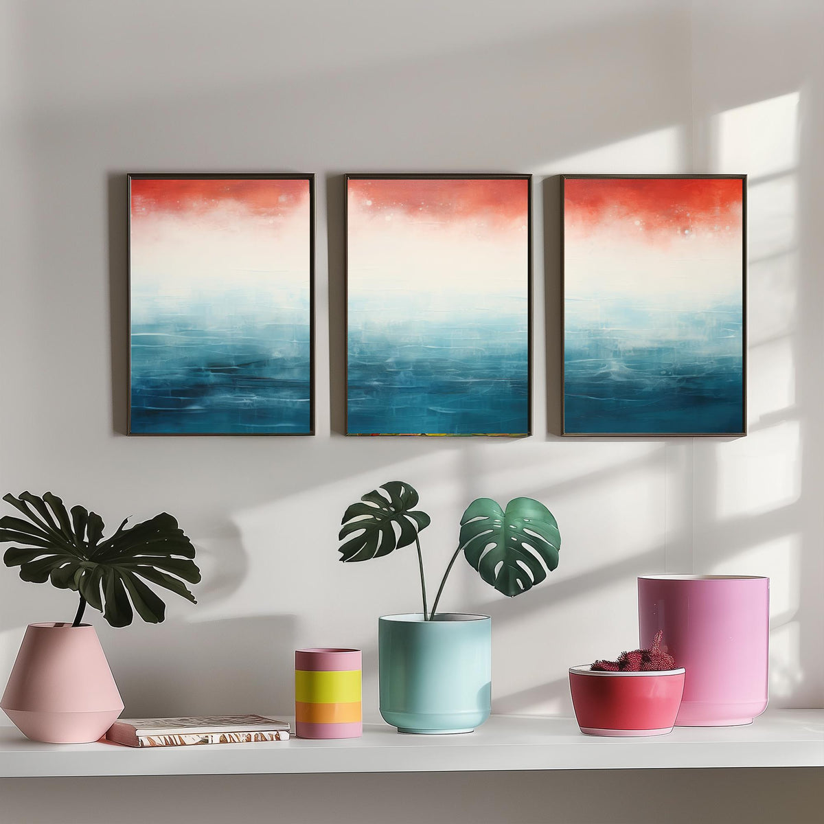 Red Rust Ocean Set of Three Art Prints - Abstract Teal Sea and Coral Sky - Panoramic Minimalist Painting Poster