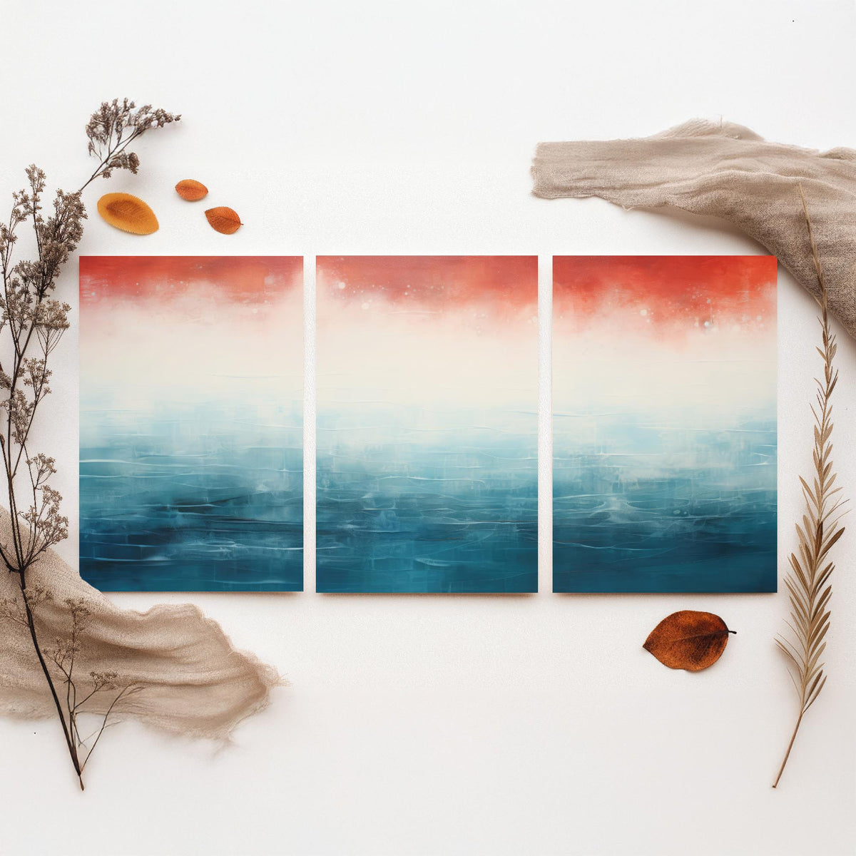 Red Rust Ocean Set of Three Art Prints - Abstract Teal Sea and Coral Sky - Panoramic Minimalist Painting Poster