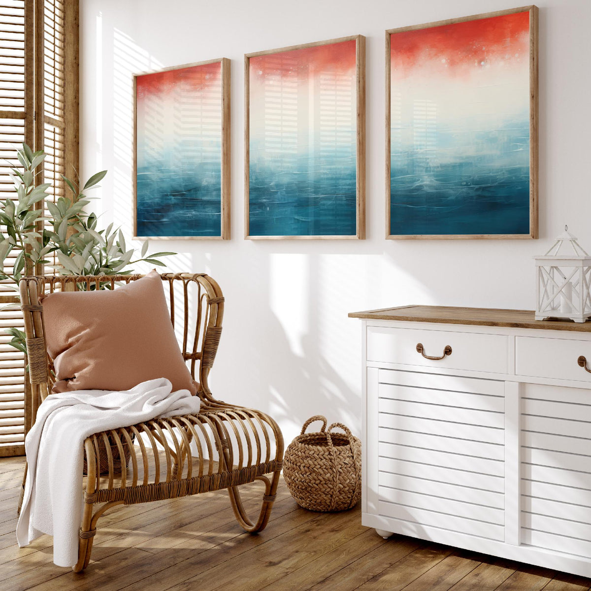 Red Rust Ocean Set of Three Art Prints - Abstract Teal Sea and Coral Sky - Panoramic Minimalist Painting Poster