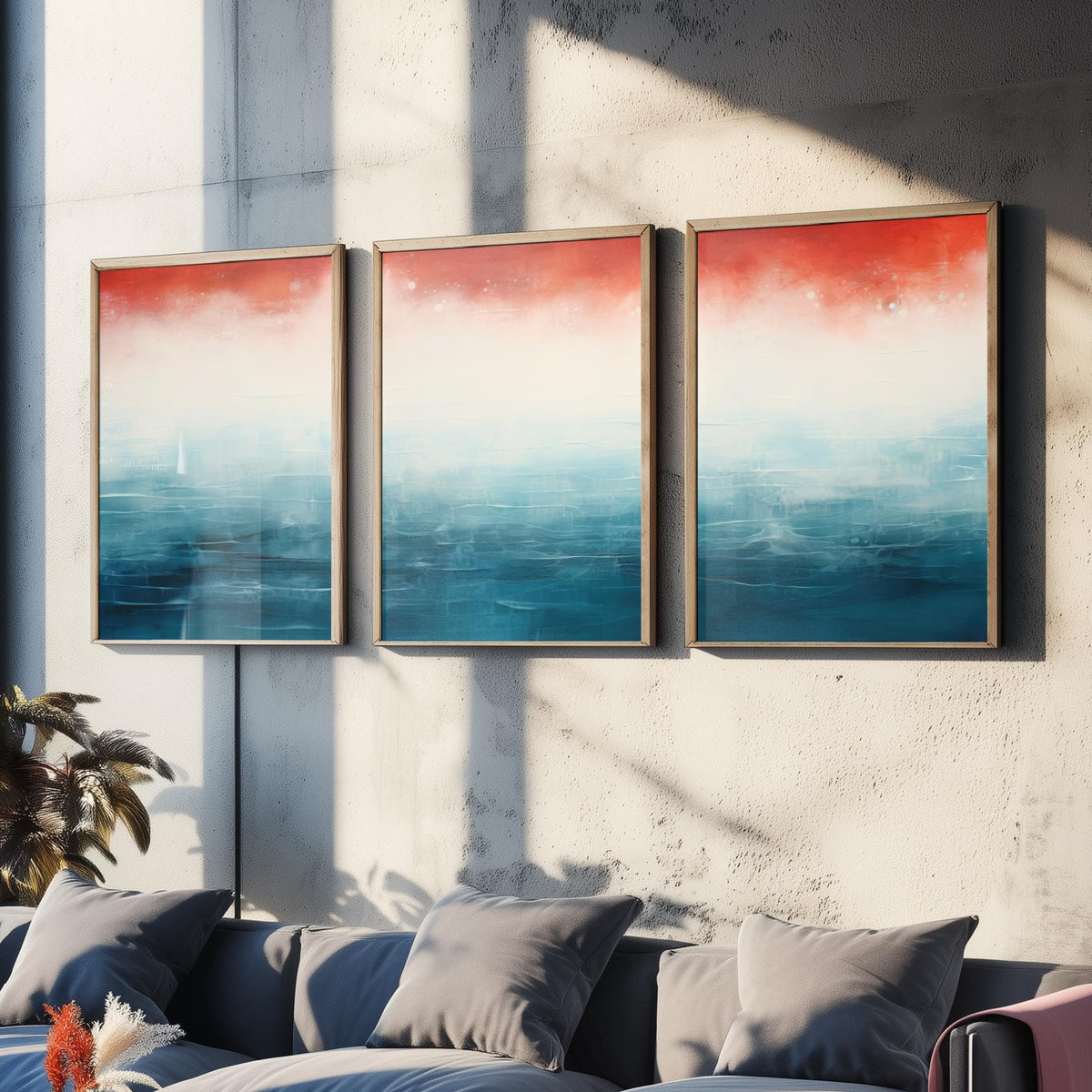 Red Rust Ocean Set of Three Art Prints - Abstract Teal Sea and Coral Sky - Panoramic Minimalist Painting Poster