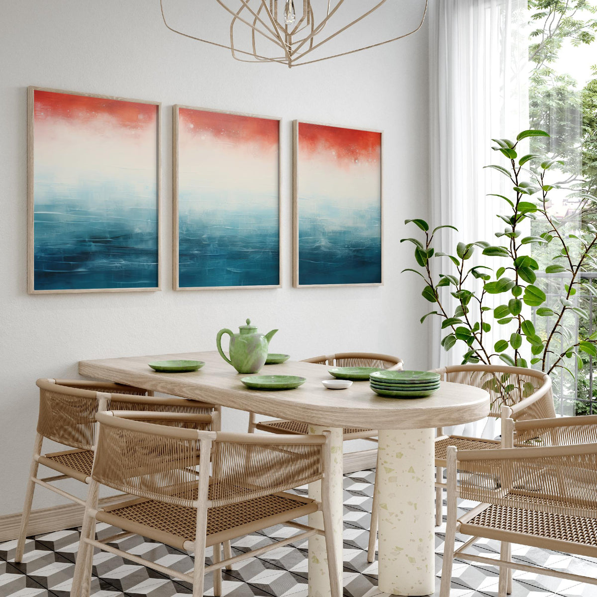 Red Rust Ocean Set of Three Art Prints - Abstract Teal Sea and Coral Sky - Panoramic Minimalist Painting Poster