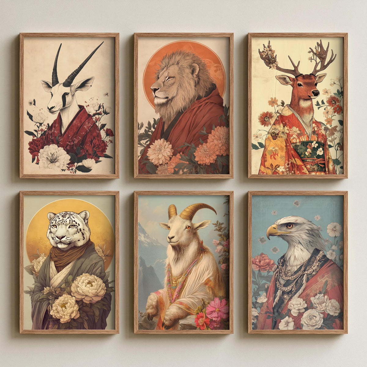 Set of Six Spiritual Animal Portrait Art Prints - 6 Robed Animal Posters - Oryx, Lion, Stag, Snow Leopard, Ibex, Eagle Illustration