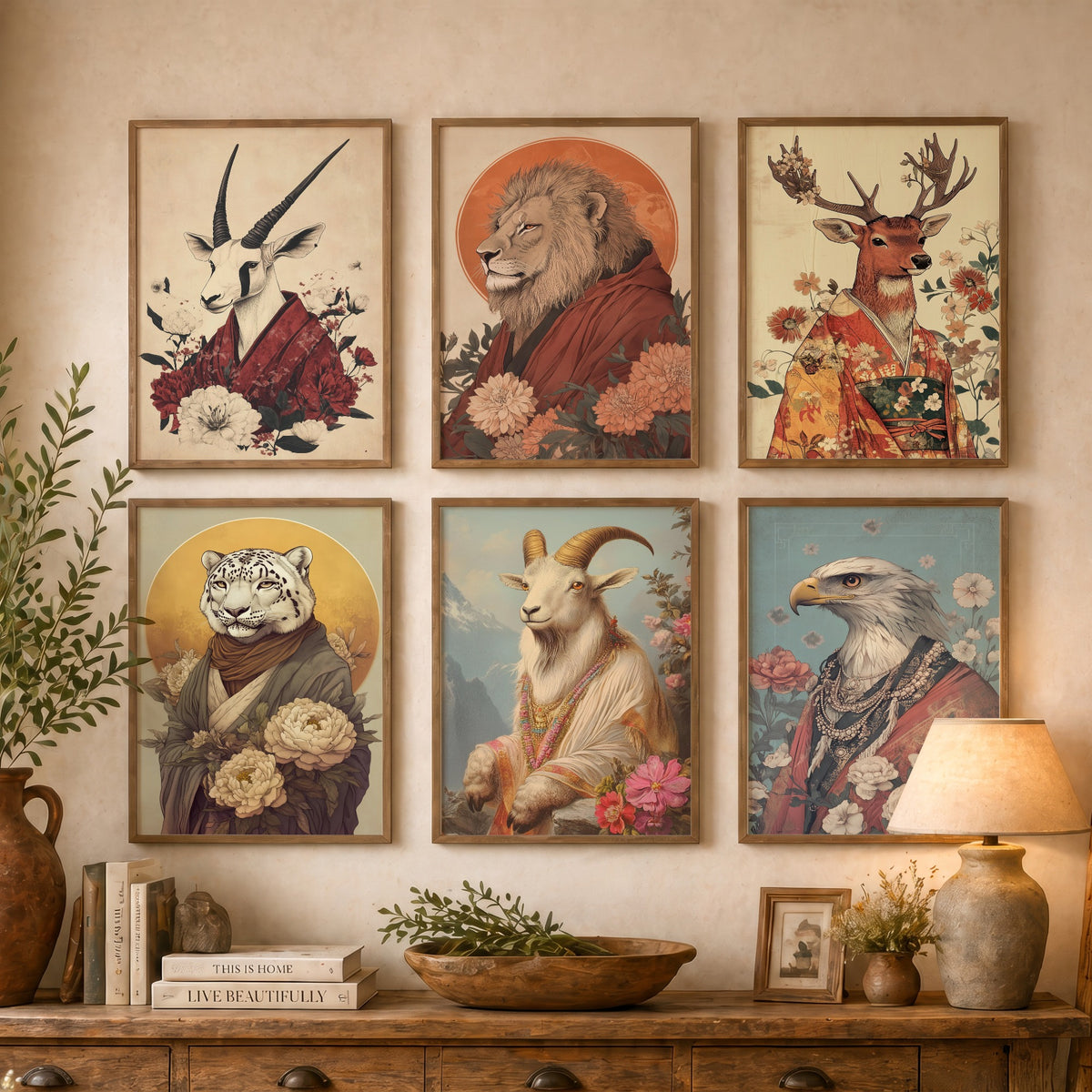 Set of Six Spiritual Animal Portrait Art Prints - 6 Robed Animal Posters - Oryx, Lion, Stag, Snow Leopard, Ibex, Eagle Illustration