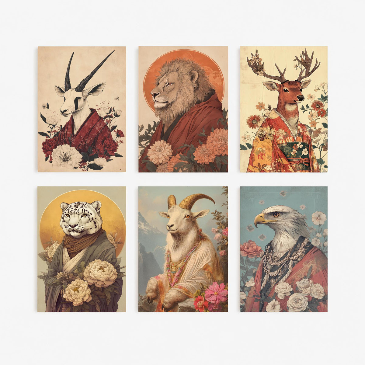 Set of Six Spiritual Animal Portrait Art Prints - 6 Robed Animal Posters - Oryx, Lion, Stag, Snow Leopard, Ibex, Eagle Illustration