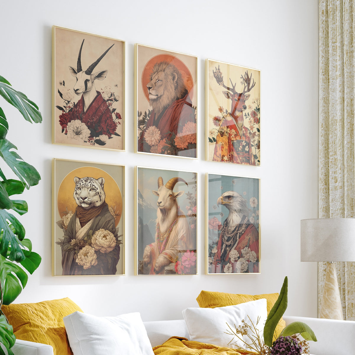 Set of Six Spiritual Animal Portrait Art Prints - 6 Robed Animal Posters - Oryx, Lion, Stag, Snow Leopard, Ibex, Eagle Illustration