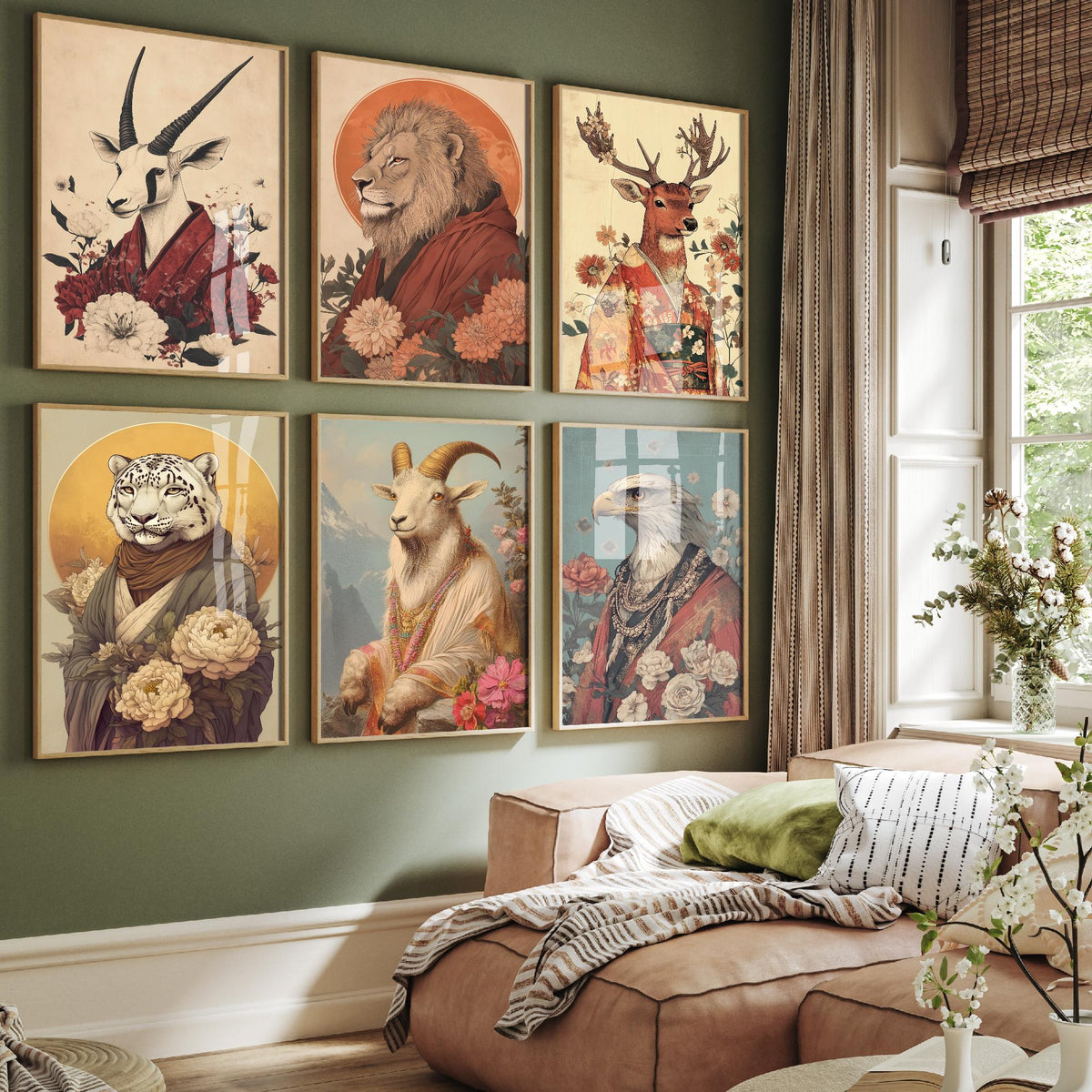 Set of Six Spiritual Animal Portrait Art Prints - 6 Robed Animal Posters - Oryx, Lion, Stag, Snow Leopard, Ibex, Eagle Illustration