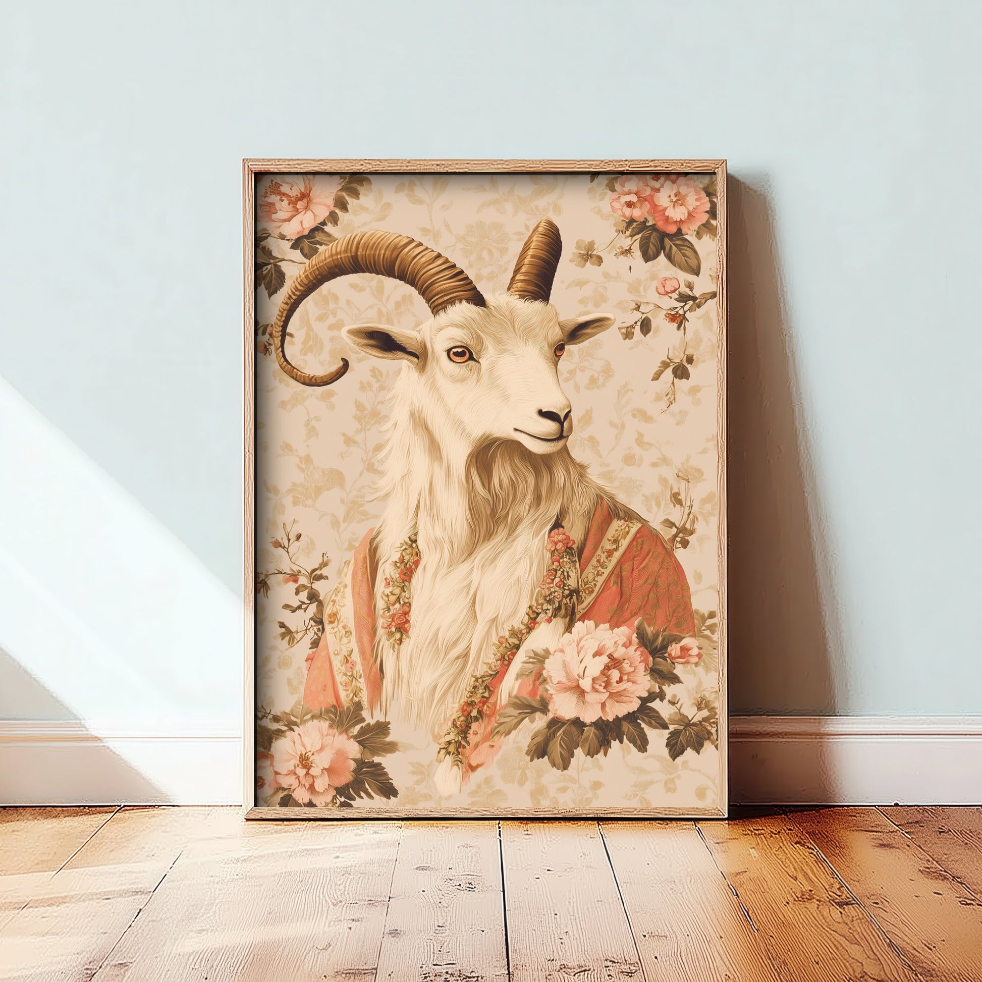 Mountain Goat Art Print - Whimsical Animal in Robe Poster - Floral Illustration - Mystical Wall Art 1/3