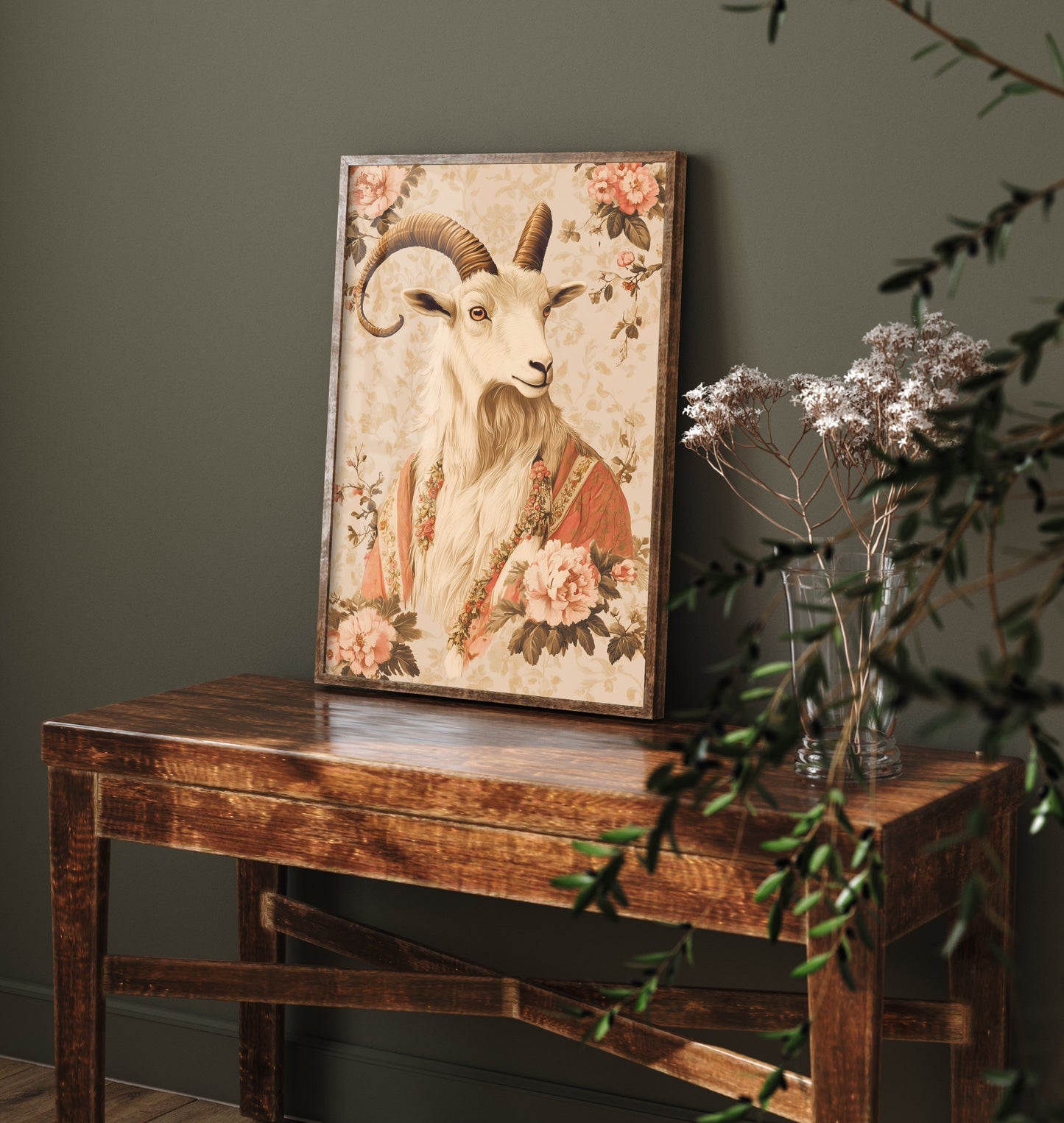 Mountain Goat Art Print - Whimsical Animal in Robe Poster - Floral Illustration - Mystical Wall Art 1/3