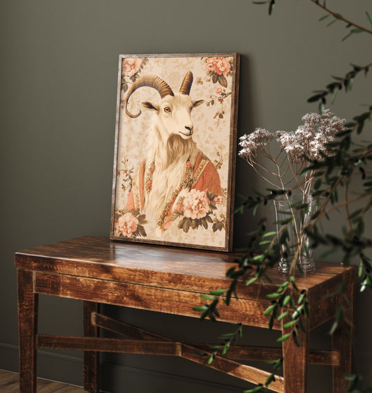 Mountain Goat Art Print - Whimsical Animal in Robe Poster - Floral Illustration - Mystical Wall Art 1/3