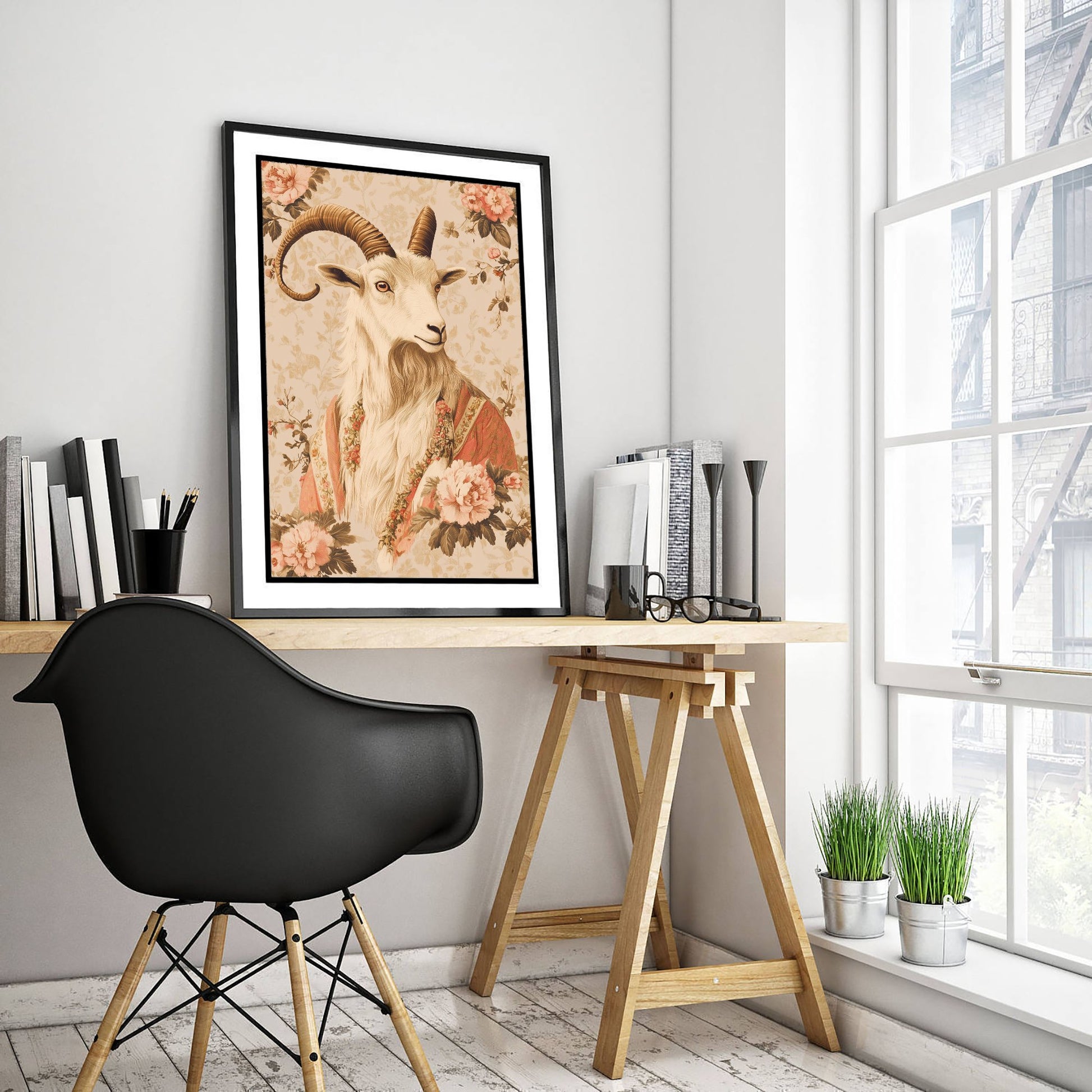 Mountain Goat Art Print - Whimsical Animal in Robe Poster - Floral Illustration - Mystical Wall Art 1/3