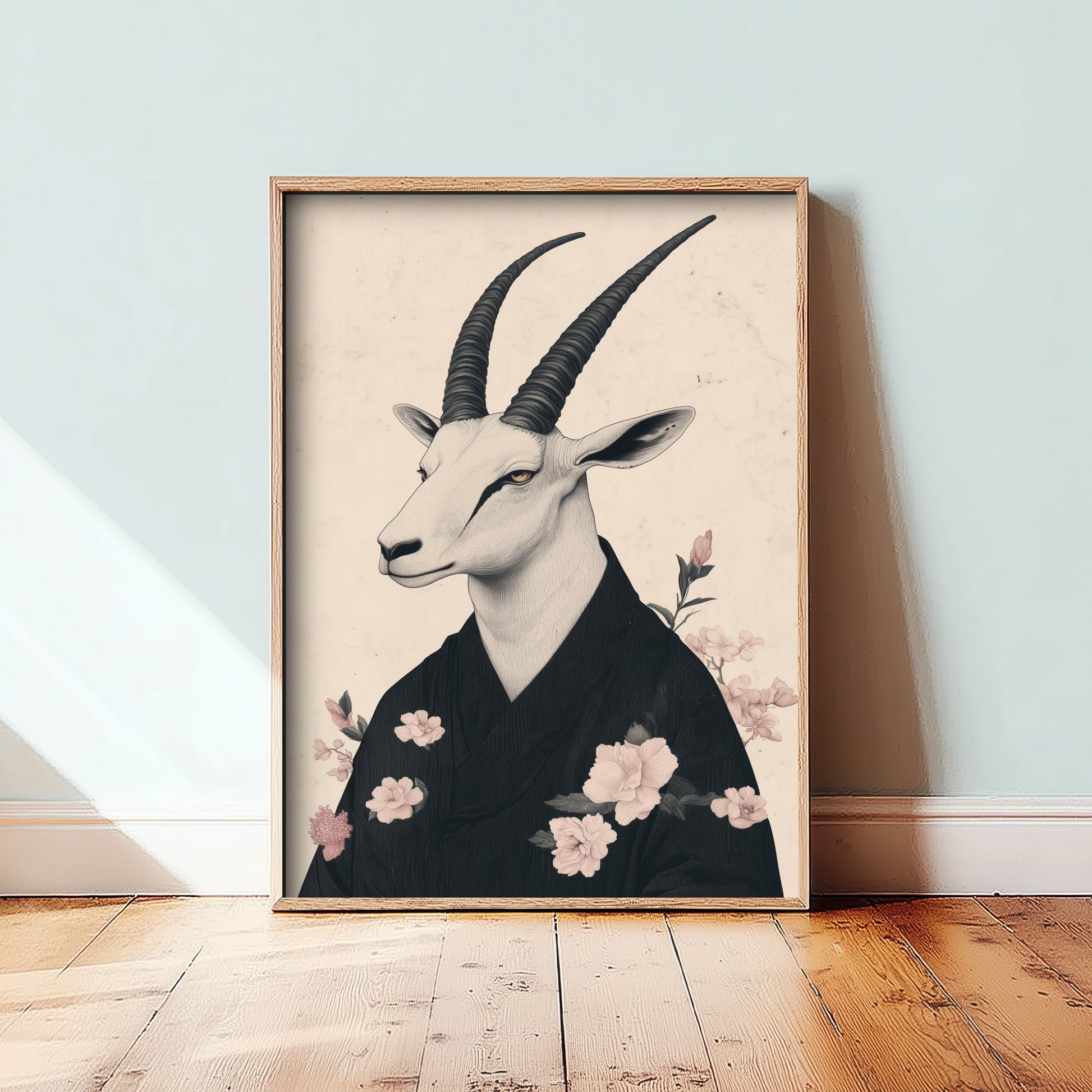 Arabian Oryx Art Print - Whimsical Animal in Kimono Poster - Floral Illustration - Mystical Wall Art 2/3