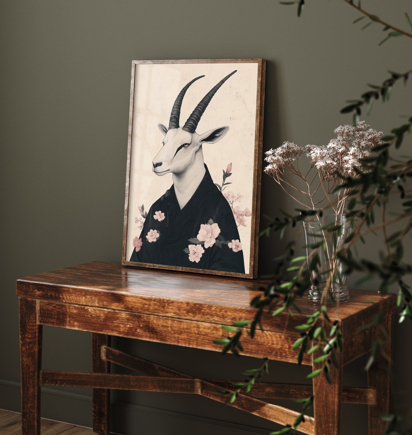Arabian Oryx Art Print - Whimsical Animal in Kimono Poster - Floral Illustration - Mystical Wall Art 2/3
