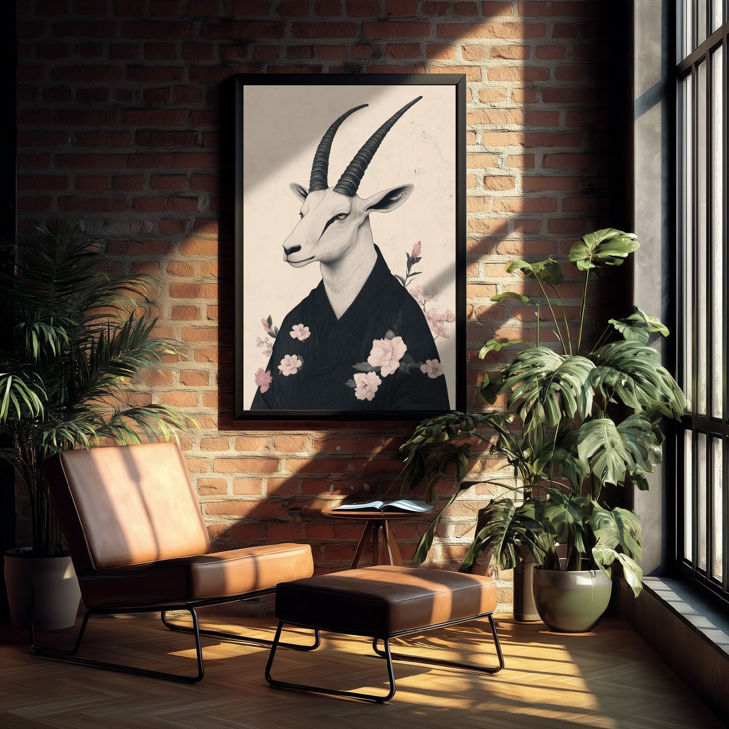 Arabian Oryx Art Print - Whimsical Animal in Kimono Poster - Floral Illustration - Mystical Wall Art 2/3