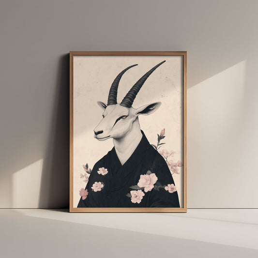 Arabian Oryx Art Print - Whimsical Animal in Kimono Poster - Floral Illustration - Mystical Wall Art 2/3