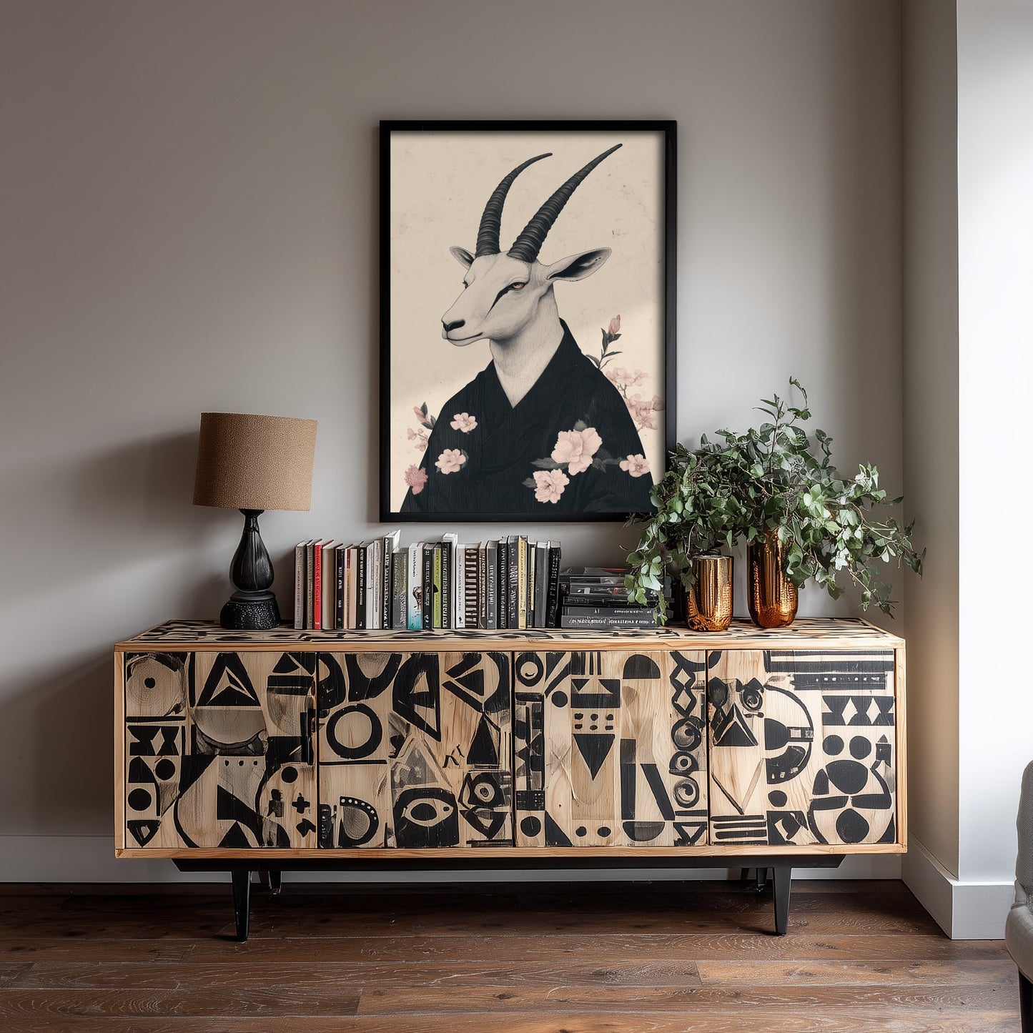 Arabian Oryx Art Print - Whimsical Animal in Kimono Poster - Floral Illustration - Mystical Wall Art 2/3