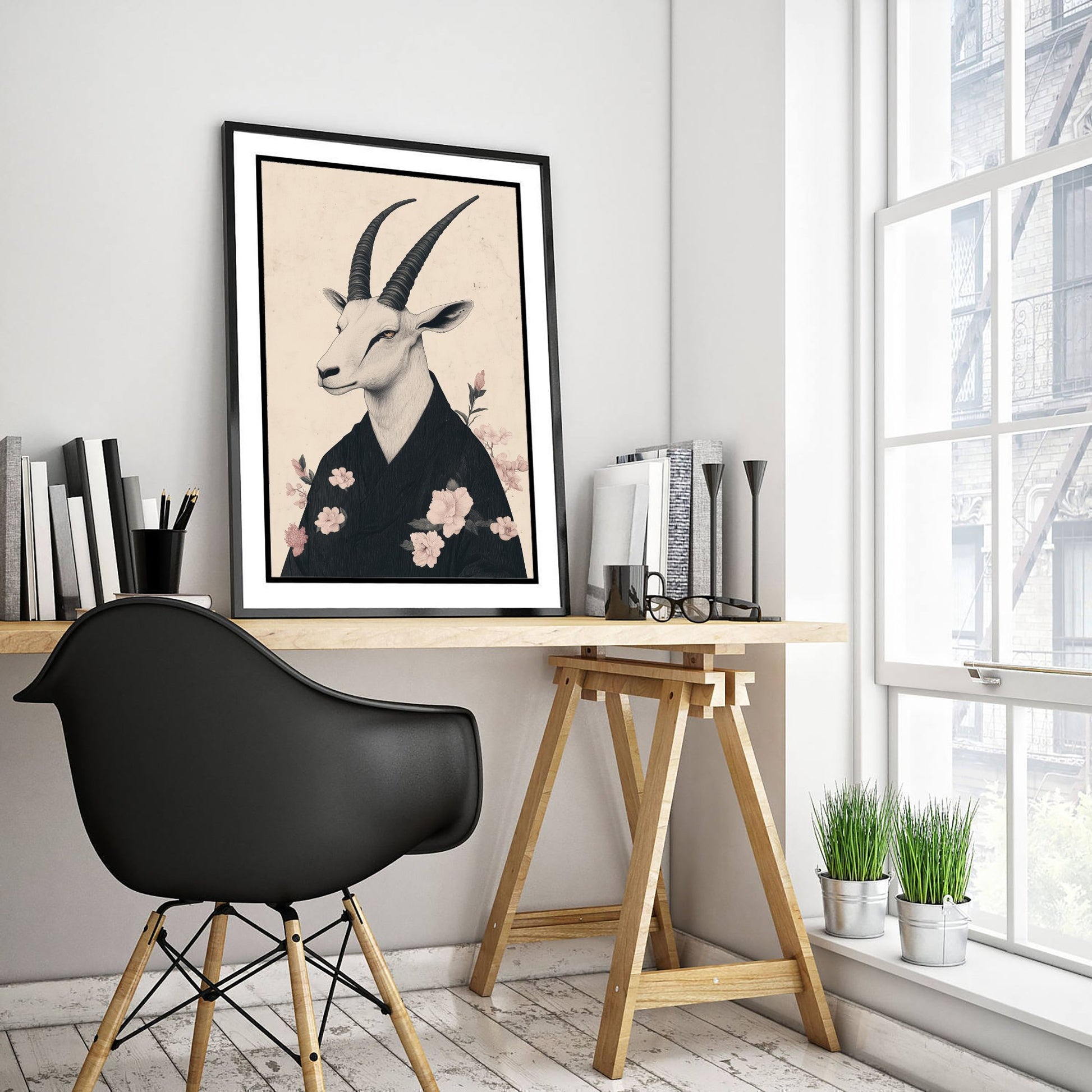 Arabian Oryx Art Print - Whimsical Animal in Kimono Poster - Floral Illustration - Mystical Wall Art 2/3
