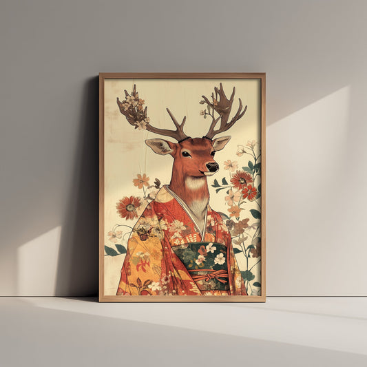 Red Stag Art Print - Whimsical Animal in Kimono Poster - Floral Illustration - Mystical Antlers Wall Art 3/3
