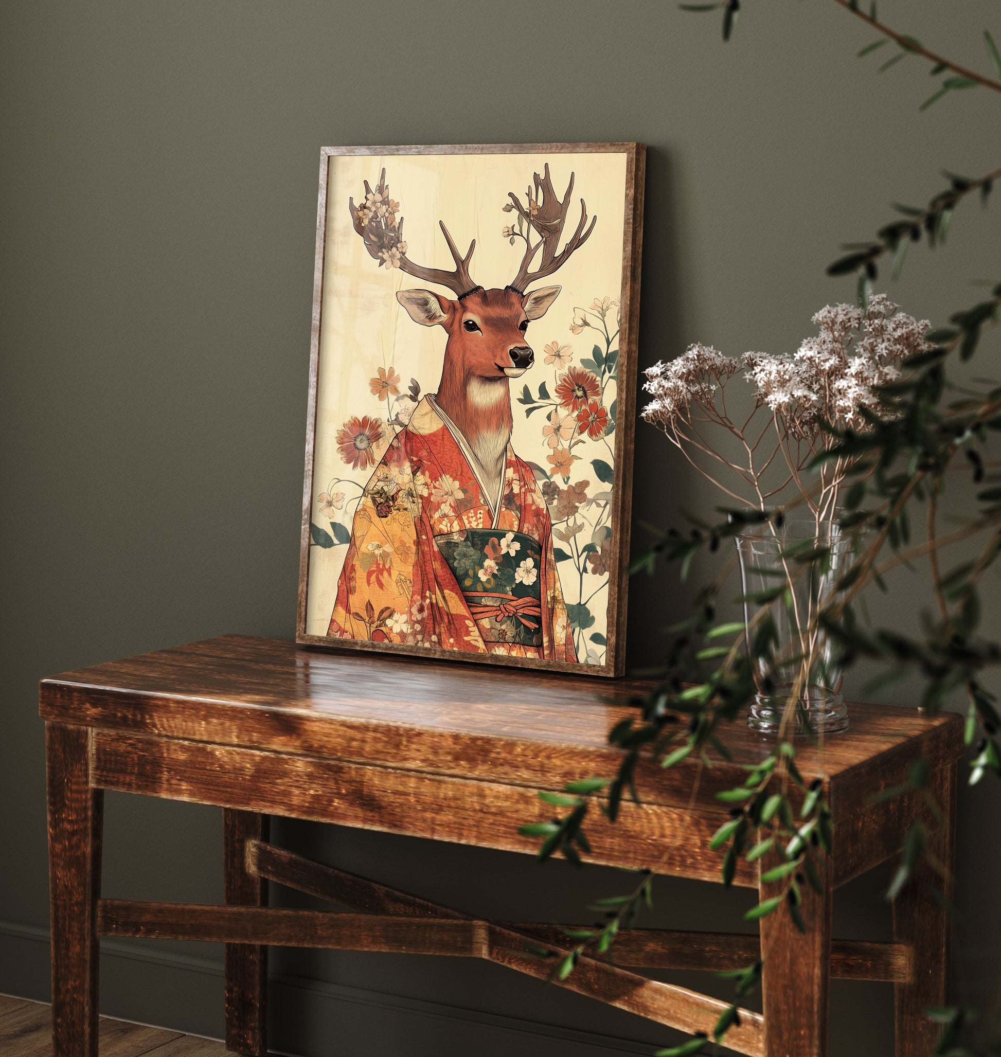 Red Stag Art Print - Whimsical Animal in Kimono Poster - Floral Illustration - Mystical Antlers Wall Art 3/3