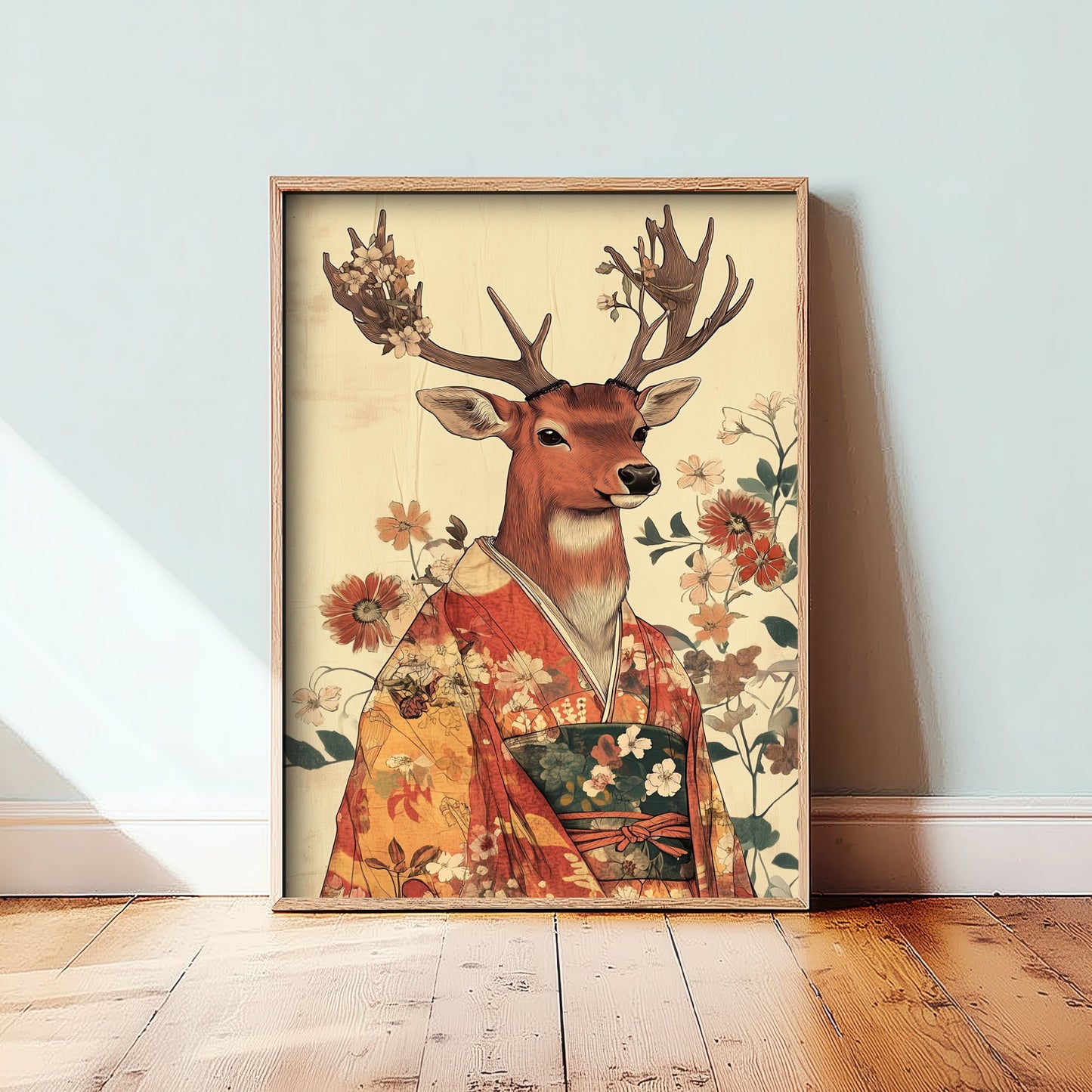 Red Stag Art Print - Whimsical Animal in Kimono Poster - Floral Illustration - Mystical Antlers Wall Art 3/3