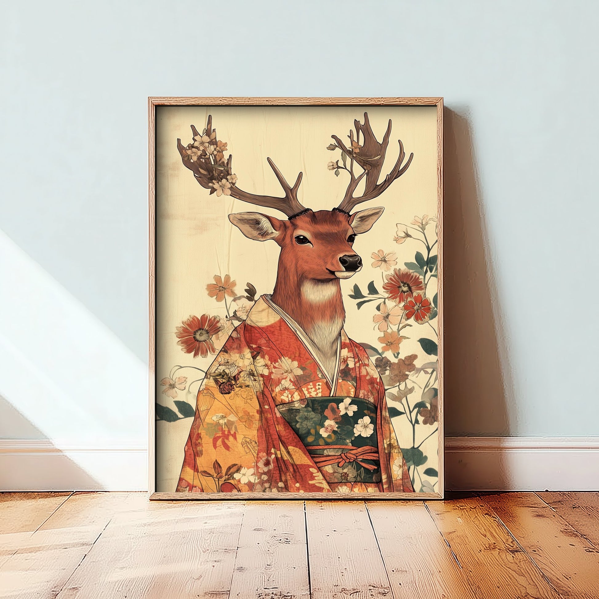 Red Stag Art Print - Whimsical Animal in Kimono Poster - Floral Illustration - Mystical Antlers Wall Art 3/3