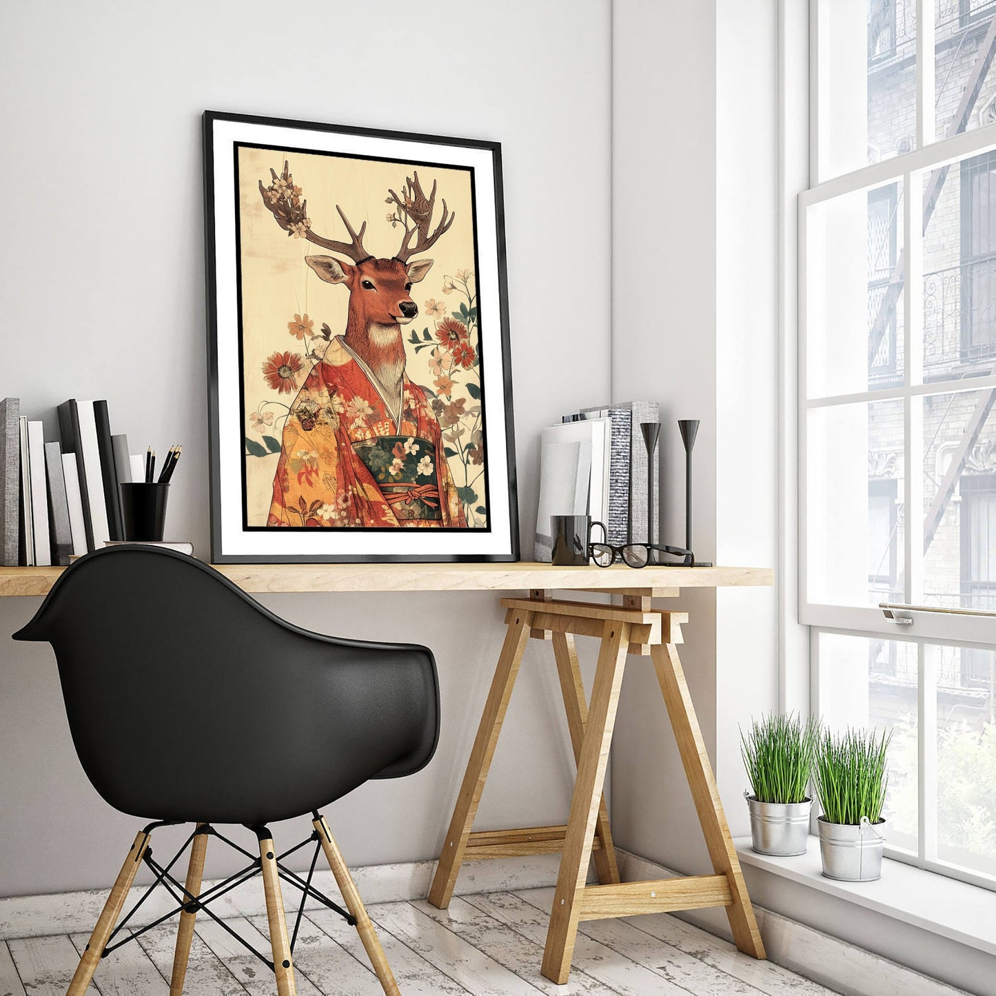 Red Stag Art Print - Whimsical Animal in Kimono Poster - Floral Illustration - Mystical Antlers Wall Art 3/3