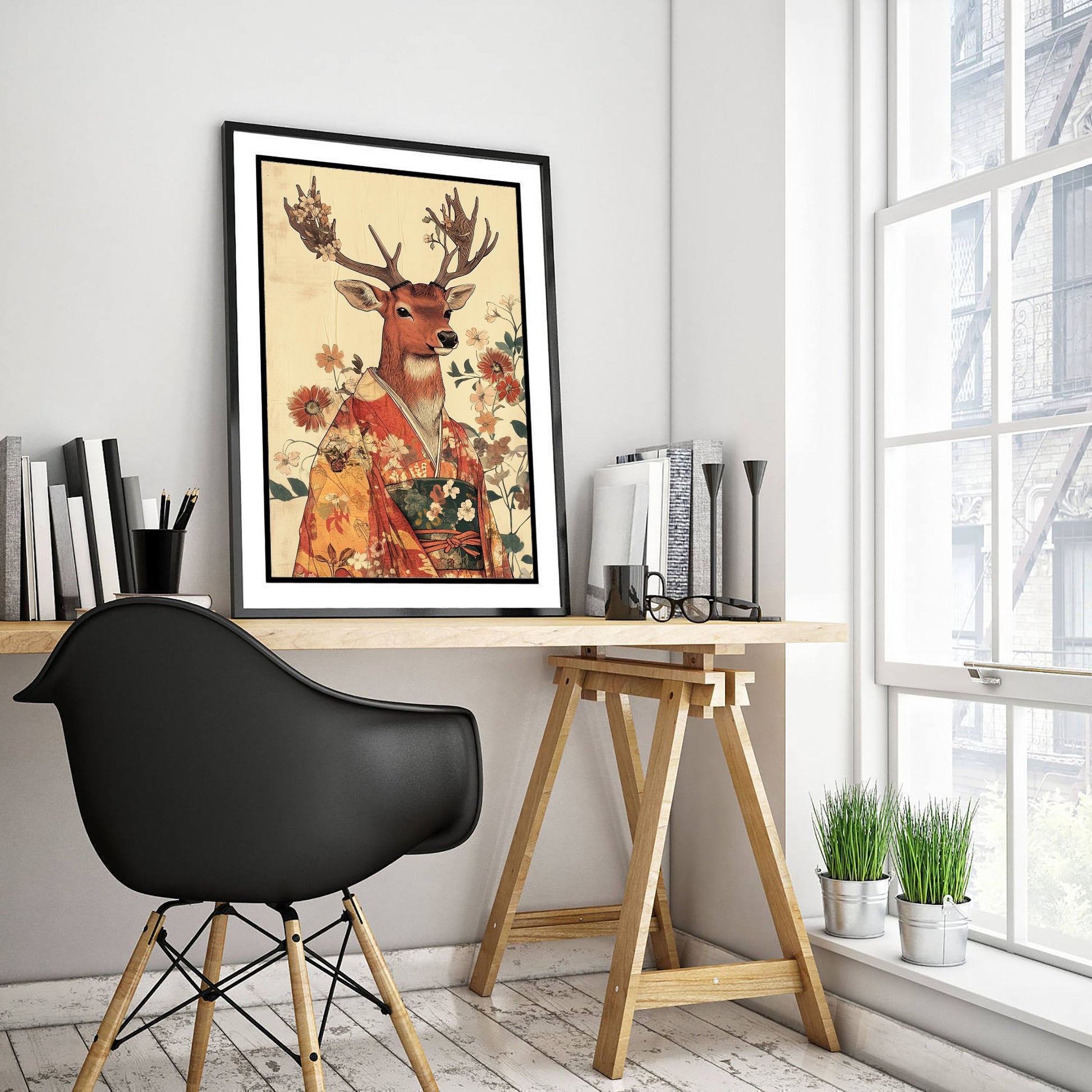 Red Stag Art Print - Whimsical Animal in Kimono Poster - Floral Illustration - Mystical Antlers Wall Art 3/3
